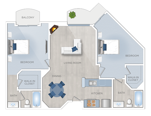 Floor plan for 2 beds, 2 baths, 990 sqft